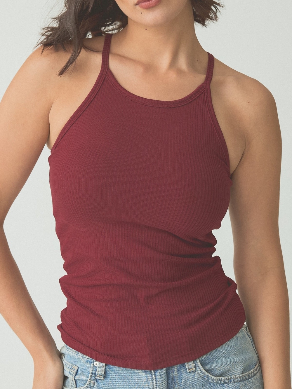 Klassy Network Ribbed High Neck Tank - Burgundy